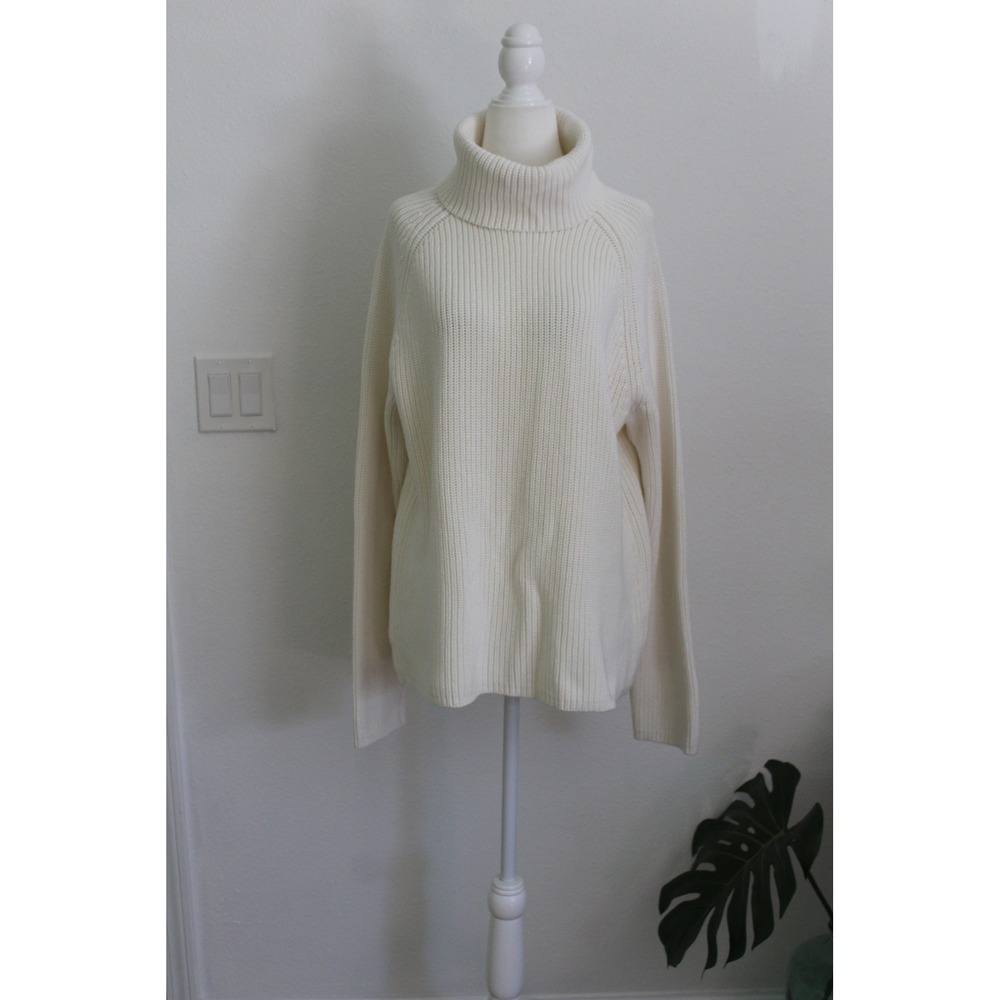 Lands' End Womens Cream White Cotton Shaker Rib Turtleneck Sweater Large Petite
